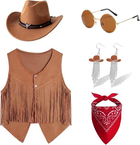 Cowgirl Outfits for Girls 6Pcs Kids Western Rodeo Costume Fringe Vest Cowboy Hat Earrings for Halloween 5-12T in Saudi Arabia