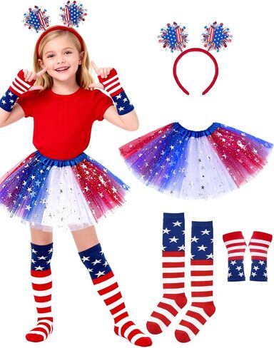 VEKDA 4th of July Tutu for Girls with Red White and Blue Headband, Striped Gloves and Knee High Socks for 4-12 Year Patriotic Costume Accessories in Saudi Arabia
