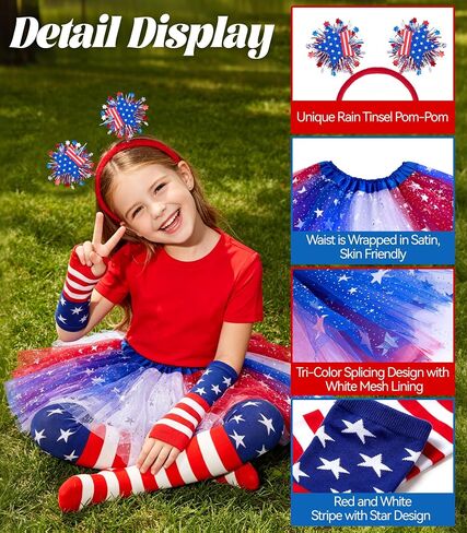 VEKDA 4th of July Tutu for Girls with Red White and Blue Headband, Striped Gloves and Knee High Socks for 4-12 Year Patriotic Costume Accessories in Saudi Arabia