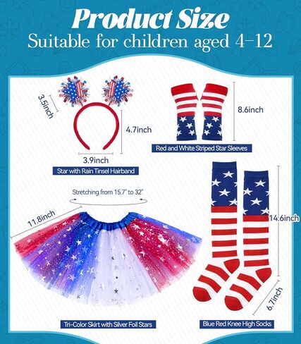 VEKDA 4th of July Tutu for Girls with Red White and Blue Headband, Striped Gloves and Knee High Socks for 4-12 Year Patriotic Costume Accessories in Saudi Arabia