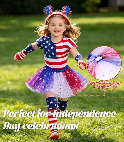 VEKDA 4th of July Tutu for Girls with Red White and Blue Headband, Striped Gloves and Knee High Socks for 4-12 Year Patriotic Costume Accessories in Saudi Arabia