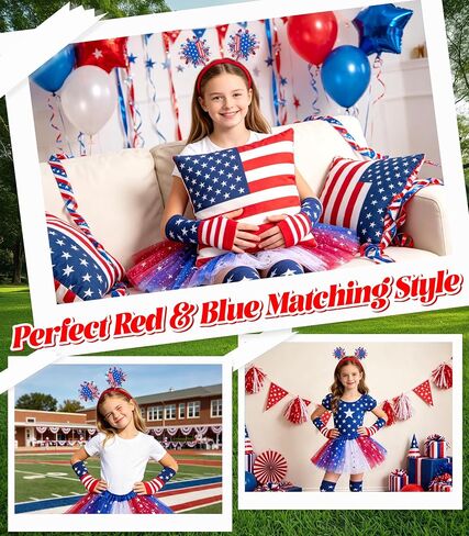 VEKDA 4th of July Tutu for Girls with Red White and Blue Headband, Striped Gloves and Knee High Socks for 4-12 Year Patriotic Costume Accessories in Saudi Arabia
