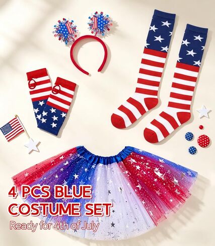 VEKDA 4th of July Tutu for Girls with Red White and Blue Headband, Striped Gloves and Knee High Socks for 4-12 Year Patriotic Costume Accessories in Saudi Arabia
