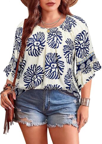 Siddhe Womens Plus-Size Tops Boho: 3/4 Ruffled Sleeve Blouses Crew Neck Peasant Casual Shirts Smocked Tunic Tops(1X-5X) in Saudi Arabia