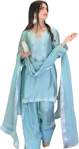 Roman Glass Silk Kurta Plazo Set Embroidered Farshi Palazzo, and Soft Organza Dupatta Party Wear Set Sequence & Moti Work in Kuwait