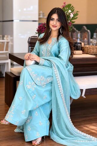 Roman Glass Silk Kurta Plazo Set Embroidered Farshi Palazzo, and Soft Organza Dupatta Party Wear Set Sequence & Moti Work in Kuwait