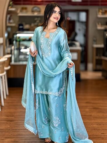 Roman Glass Silk Kurta Plazo Set Embroidered Farshi Palazzo, and Soft Organza Dupatta Party Wear Set Sequence & Moti Work in Kuwait