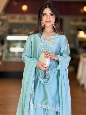 Roman Glass Silk Kurta Plazo Set Embroidered Farshi Palazzo, and Soft Organza Dupatta Party Wear Set Sequence & Moti Work in Kuwait