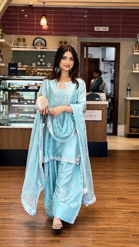 Roman Glass Silk Kurta Plazo Set Embroidered Farshi Palazzo, and Soft Organza Dupatta Party Wear Set Sequence & Moti Work in Kuwait