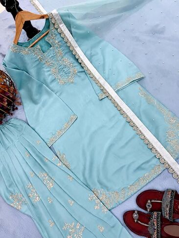 Roman Glass Silk Kurta Plazo Set Embroidered Farshi Palazzo, and Soft Organza Dupatta Party Wear Set Sequence & Moti Work in Kuwait