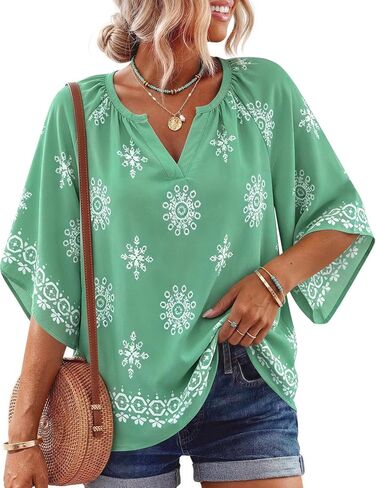 Boho Tops for Women 3/4 Sleeve Floral Print Blouses V Neck Casual Beach Shirts Loose Fit Short Sleeve Tunic Tops in Kuwait