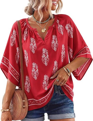 Boho Tops for Women 3/4 Sleeve Floral Print Blouses V Neck Casual Beach Shirts Loose Fit Short Sleeve Tunic Tops in Saudi Arabia