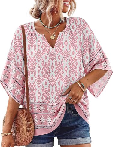 Boho Tops for Women 3/4 Sleeve Floral Print Blouses V Neck Casual Beach Shirts Loose Fit Short Sleeve Tunic Tops in Saudi Arabia
