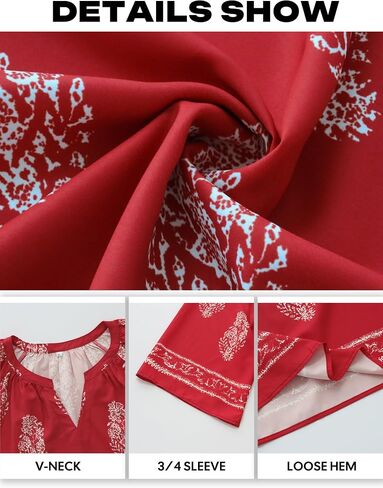 Boho Tops for Women 3/4 Sleeve Floral Print Blouses V Neck Casual Beach Shirts Loose Fit Short Sleeve Tunic Tops in Saudi Arabia