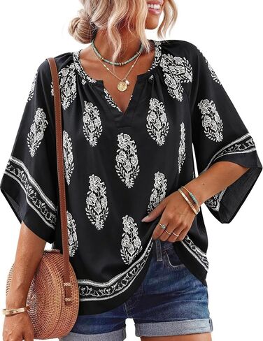 Boho Tops for Women 3/4 Sleeve Floral Print Blouses V Neck Casual Beach Shirts Loose Fit Short Sleeve Tunic Tops in Saudi Arabia