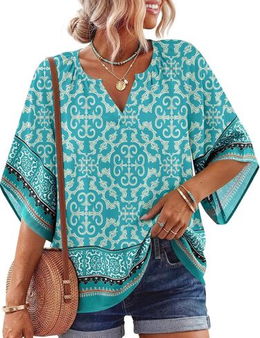 Boho Tops for Women 3/4 Sleeve Floral Print Blouses V Neck Casual Beach Shirts Loose Fit Short Sleeve Tunic Tops in Saudi Arabia