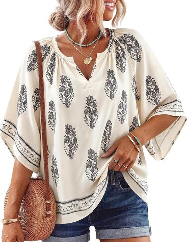 Boho Tops for Women 3/4 Sleeve Floral Print Blouses V Neck Casual Beach Shirts Loose Fit Short Sleeve Tunic Tops in Saudi Arabia