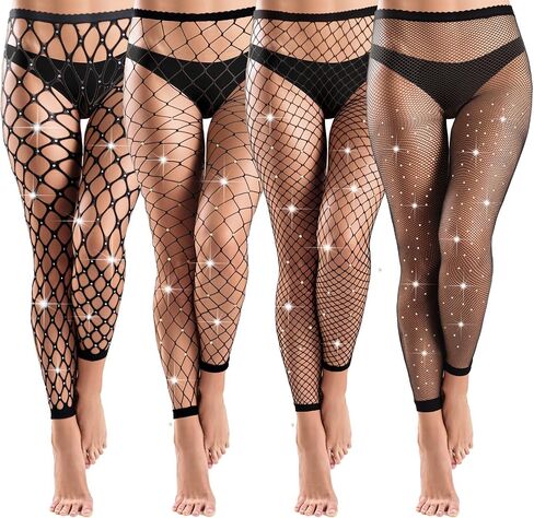 Bencailor 4 Pcs Valentine's Day Rhinestone Leggings Fish Net Tights High Waist Leggings Mesh Thigh High Stockings Pantyhose(Nylon,Classic Style) in Kuwait