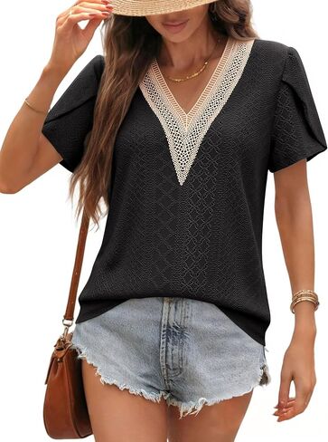 siliteelon Womens Blouses Boho Lace V Neck Short Sleeve Eyelet Shirts Summer Dressy Casual Beach Vacation Tops in Kuwait