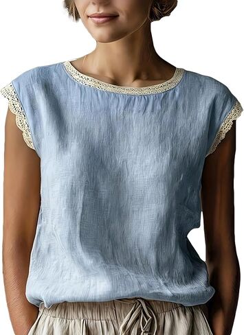 Women's Short Sleeve Contrast Lace Round Neck Loose Summer Top Blouse in Kuwait