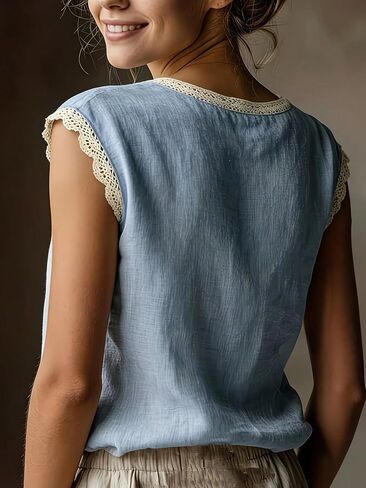 Women's Short Sleeve Contrast Lace Round Neck Loose Summer Top Blouse in Kuwait
