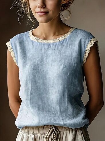 Women's Short Sleeve Contrast Lace Round Neck Loose Summer Top Blouse in Kuwait