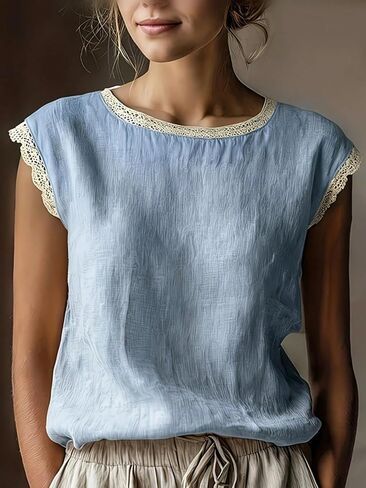Women's Short Sleeve Contrast Lace Round Neck Loose Summer Top Blouse in Kuwait