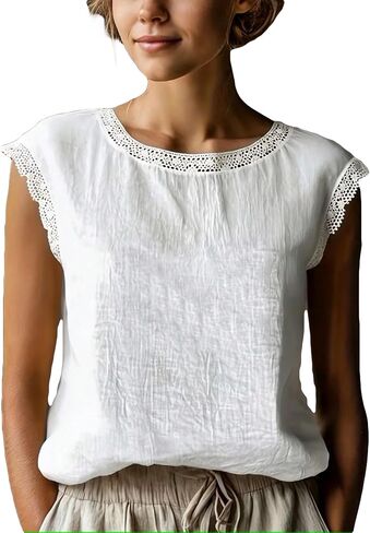 Women's Short Sleeve Contrast Lace Round Neck Loose Summer Top Blouse in Kuwait