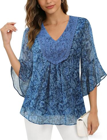 Lotusmile Womens Lightweight Summer Chiffon Blouses Pretty V Neck 3/4 Ruffle Sleeve Dressy Casual Tops in Saudi Arabia