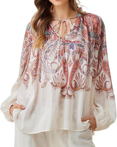 Women's See Through Balloon Sleeve Tie V Neck Paisley Boho Lightweight Tunic Blouse Peasant Ruffled Top in Saudi Arabia