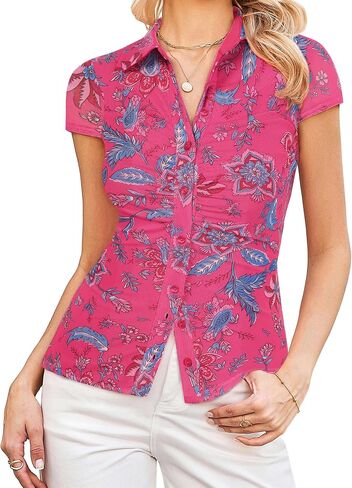 GRACE KARIN Women Mesh Boho Tops Dressy Casual, Floral Short Sleeve Button Down Collared Blouses, 2026 Fashion Summer Clothes in Kuwait