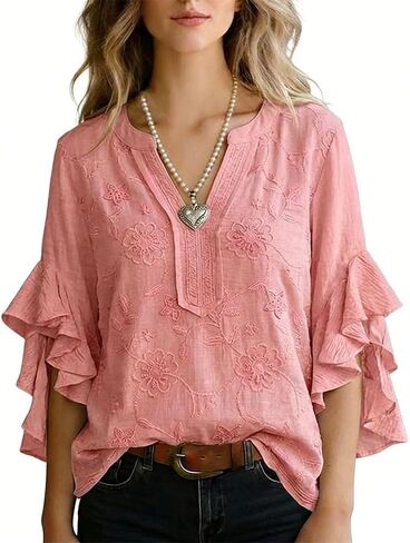 Women's Pink Floral Embroidered Split V-Neck Layered Ruffled 3/4 Sleeve Casual Blouse in Saudi Arabia
