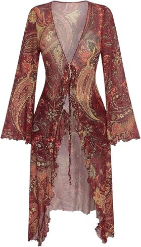WDIRARA Women's Plus Size Boho Paisley Tie Front Blouses Ruffle Asymmetrical Tops in Kuwait