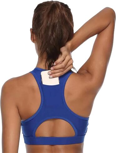 Sports Bra with Back Phone Pocket for Women Medium Support Racerback Padded Wireless for Running Yoga Gym Workout Wear in Kuwait