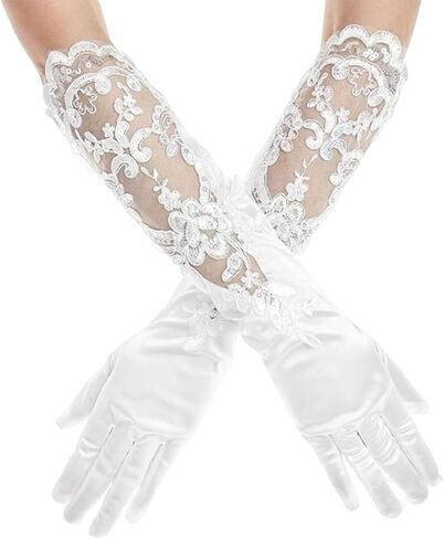 AUOCATTAIL Hand Sleeves Elegant Satin Lace Gloves Long Bridal Gloves for Bride Flower Girls Women Wedding Prom Party Accessories in Kuwait