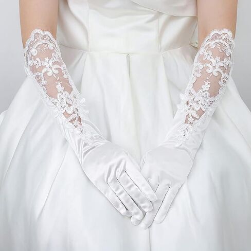 AUOCATTAIL Hand Sleeves Elegant Satin Lace Gloves Long Bridal Gloves for Bride Flower Girls Women Wedding Prom Party Accessories in Kuwait