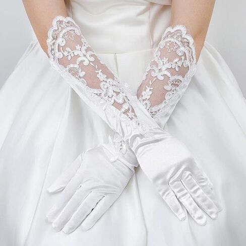 AUOCATTAIL Hand Sleeves Elegant Satin Lace Gloves Long Bridal Gloves for Bride Flower Girls Women Wedding Prom Party Accessories in Kuwait