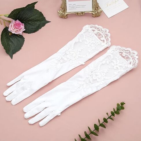 AUOCATTAIL Hand Sleeves Elegant Satin Lace Gloves Long Bridal Gloves for Bride Flower Girls Women Wedding Prom Party Accessories in Kuwait