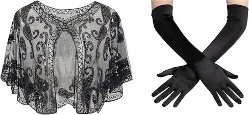 BABEYOND 1920s Shawl Wraps Sequin Beaded Cape Bolero Flapper Cover Up Long Opera Gloves Costume Stretchy Adult Size Elbow Length Great Gatsby for Party in Kuwait