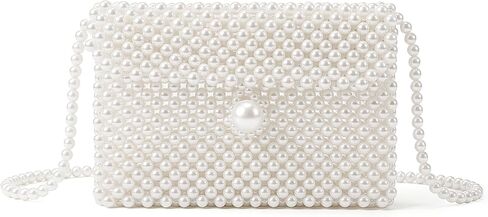 Luxury Women's White Pearl Clutch Bag, Artificial Pearl Beaded Chain Bag Purse Handmade Evening Bags for Party Wedding Bridal Party Travel Prom 7.5x5in in Kuwait