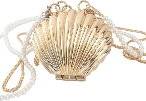 Fancy Mini Gold Seashell Crossbody Bag for Women - Metal Shell Evening Clutch with Detachable Pearl & Metal Double Chains, Magnetic Closure Novelty Purse for Wedding Party Prom Gift | glossy luxury finish in Saudi Arabia