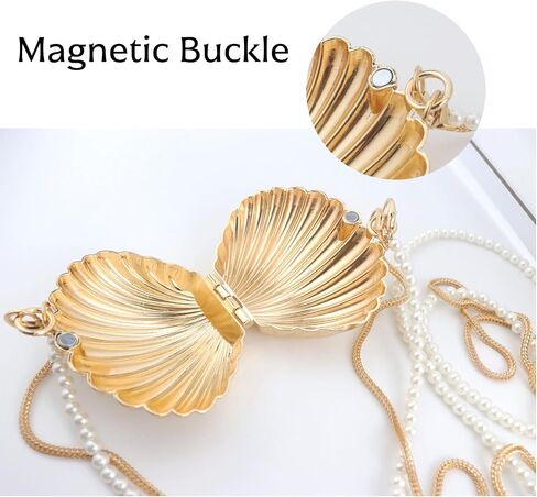 Fancy Mini Gold Seashell Crossbody Bag for Women - Metal Shell Evening Clutch with Detachable Pearl & Metal Double Chains, Magnetic Closure Novelty Purse for Wedding Party Prom Gift | glossy luxury finish in Saudi Arabia