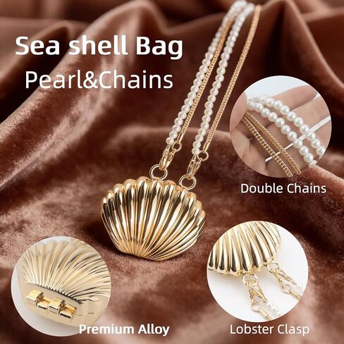 Fancy Mini Gold Seashell Crossbody Bag for Women - Metal Shell Evening Clutch with Detachable Pearl & Metal Double Chains, Magnetic Closure Novelty Purse for Wedding Party Prom Gift | glossy luxury finish in Saudi Arabia