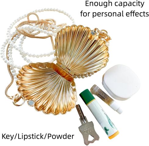 Fancy Mini Gold Seashell Crossbody Bag for Women - Metal Shell Evening Clutch with Detachable Pearl & Metal Double Chains, Magnetic Closure Novelty Purse for Wedding Party Prom Gift | glossy luxury finish in Saudi Arabia