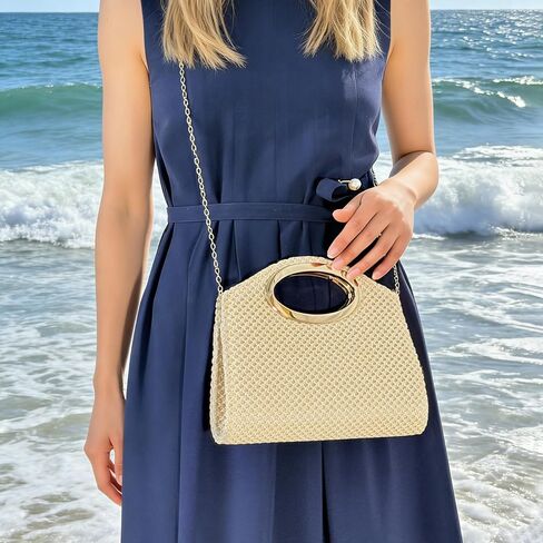 Aovtero Straw Clutch Purse Top Handle Handbags for Women Summer Beach Vacation Woven Evening Crossbody Bag with Gold Chain in Saudi Arabia