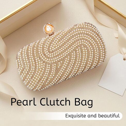 Emprier Women Pearl Rhinestone Evening Clutch Bag Wedding Party Purse with Detachable Chain for Formal Event in Kuwait