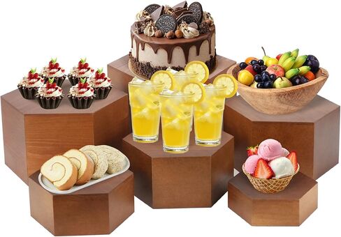RETON 6 PCS Buffet Risers, Wood Food Risers for Buffet Table, Hexagon Display Stand Set with Hollow Bottoms, Cube Boxes for Cake Catering Dessert Party Jewelry (5.1", 5.9", 6.7", 7.5", 8.3'', 9'') in Saudi Arabia