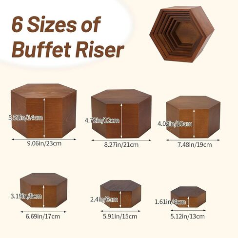 RETON 6 PCS Buffet Risers, Wood Food Risers for Buffet Table, Hexagon Display Stand Set with Hollow Bottoms, Cube Boxes for Cake Catering Dessert Party Jewelry (5.1", 5.9", 6.7", 7.5", 8.3'', 9'') in Saudi Arabia