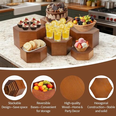 RETON 6 PCS Buffet Risers, Wood Food Risers for Buffet Table, Hexagon Display Stand Set with Hollow Bottoms, Cube Boxes for Cake Catering Dessert Party Jewelry (5.1", 5.9", 6.7", 7.5", 8.3'', 9'') in Saudi Arabia
