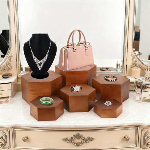 RETON 6 PCS Buffet Risers, Wood Food Risers for Buffet Table, Hexagon Display Stand Set with Hollow Bottoms, Cube Boxes for Cake Catering Dessert Party Jewelry (5.1", 5.9", 6.7", 7.5", 8.3'', 9'') in Saudi Arabia